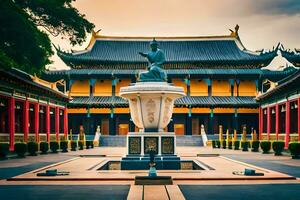 a statue of buddha in a courtyard at sunset. AI-Generated photo