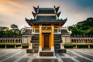 the entrance to a chinese temple at sunset. AI-Generated photo