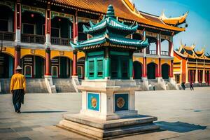 a man walking in front of a chinese building. AI-Generated photo