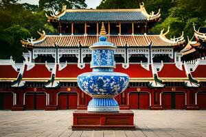 a large blue and white vase in front of a building. AI-Generated photo
