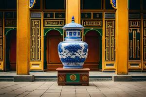 a large blue and white vase sitting in front of a yellow building. AI-Generated photo