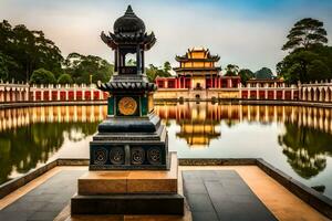 a pagoda in the middle of a lake with a pond in front of it. AI-Generated photo