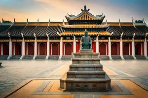 a statue in front of a building with red roof. AI-Generated photo