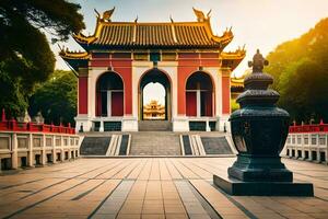 the entrance to a chinese temple in the morning. AI-Generated photo