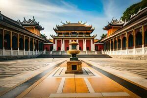 the courtyard of a chinese building with a fountain. AI-Generated photo