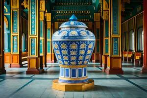 a large blue and white vase in a large room. AI-Generated photo