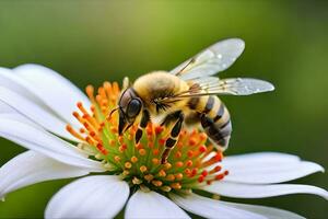 a bee is on a white flower with green background. AI-Generated photo