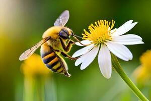 bee on white flower with green background. AI-Generated photo