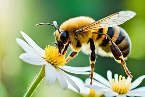 un abeja es en pie en un flor con sus boca abierto. generado por ai foto