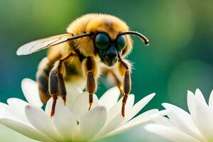 abeja en blanco flor con borroso antecedentes. generado por ai foto