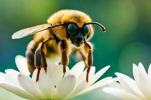 bee on white flower with blurred background. AI-Generated photo