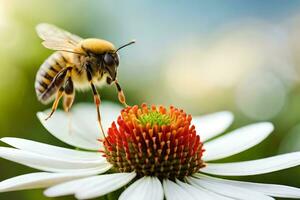 a bee is standing on a flower with a green background. AI-Generated photo