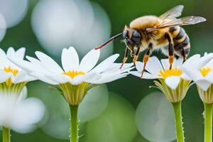 un abeja es en pie en algunos blanco flores generado por ai foto