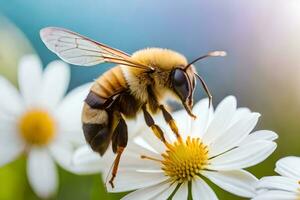 a bee is on a white flower with a blue sky. AI-Generated photo