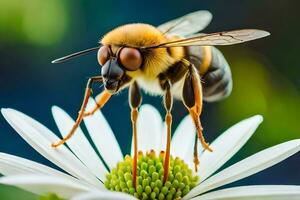 un abeja es en pie en parte superior de un blanco flor. generado por ai foto