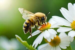 un abeja es en un blanco flor con verde hojas. generado por ai foto