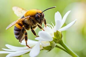 un abeja es en un blanco flor con un verde antecedentes. generado por ai foto