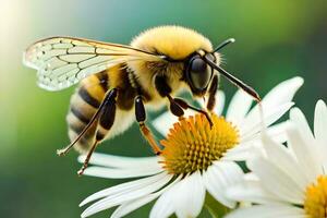 un abeja es en un blanco flor con un verde antecedentes. generado por ai foto