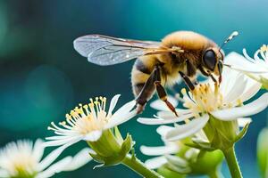 un abeja es en un blanco flor con un azul antecedentes. generado por ai foto
