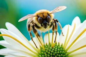 abeja en blanco flor con azul antecedentes. generado por ai foto