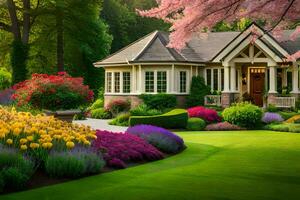 un hermosa jardín con flores y arboles generado por ai foto