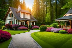 hermosa jardín con un casa en el medio. generado por ai foto