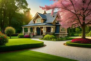 un hermosa casa con un hermosa jardín y arboles generado por ai foto