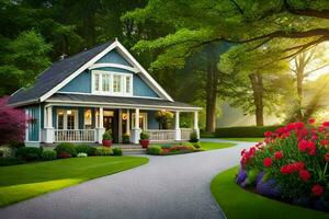 a beautiful house with a driveway and flowers in the front yard. AI-Generated photo