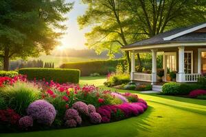 a beautiful garden with flowers and grass. AI-Generated photo