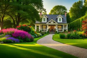 a beautiful house with a pathway leading to it. AI-Generated photo