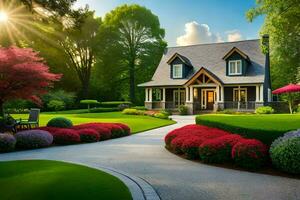 un hermosa casa con un ruta líder a él. generado por ai foto