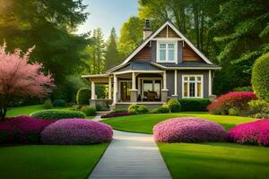 hermosa casa con hermosa jardín y flores generado por ai foto