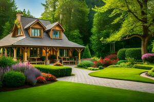 un hermosa jardín con un casa y césped. generado por ai foto