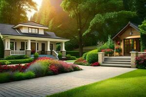 a beautiful home with a garden and flowers. AI-Generated photo