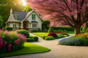 a beautiful garden with a house and trees. AI-Generated photo