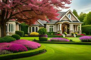 a beautiful lawn with colorful flowers and trees. AI-Generated photo