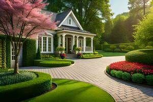 un hermosa jardín con un entrada de coches y un casa. generado por ai foto