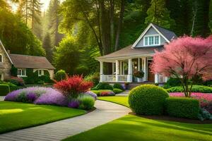 un hermosa jardín con flores y arbustos generado por ai foto