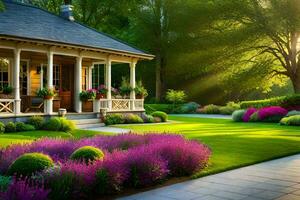 a beautiful garden with flowers and a house. AI-Generated photo