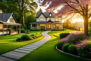 a beautiful house with a pathway leading to it. AI-Generated photo