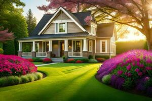 a beautiful house with flowers in the front yard. AI-Generated photo