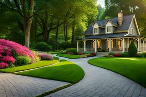 a beautiful house in the middle of a lush green lawn. AI-Generated photo