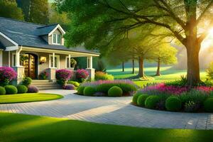 a beautiful house in the middle of a lush green field. AI-Generated photo