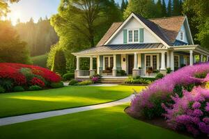 a beautiful house with flowers and grass in the foreground. AI-Generated photo