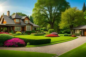 a beautiful home with a driveway and lawn. AI-Generated photo