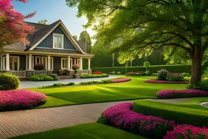 un hermosa jardín con flores y arboles generado por ai foto