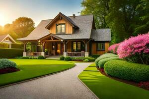 a beautiful house with a garden and lawn. AI-Generated photo