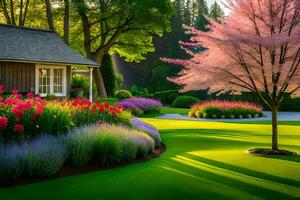 un hermosa jardín con rosado flores y un casa. generado por ai foto