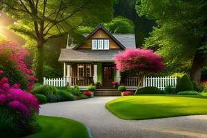 hermosa casa en el jardín con flores y arboles generado por ai foto