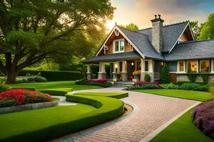 a beautiful home with a beautiful lawn and landscaping. AI-Generated photo